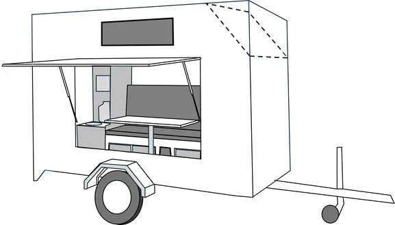 Querschnitt des Farfalla Camper flip mit ausgeklappter Panoramaklappe und sichtbar modularem Innenausbau