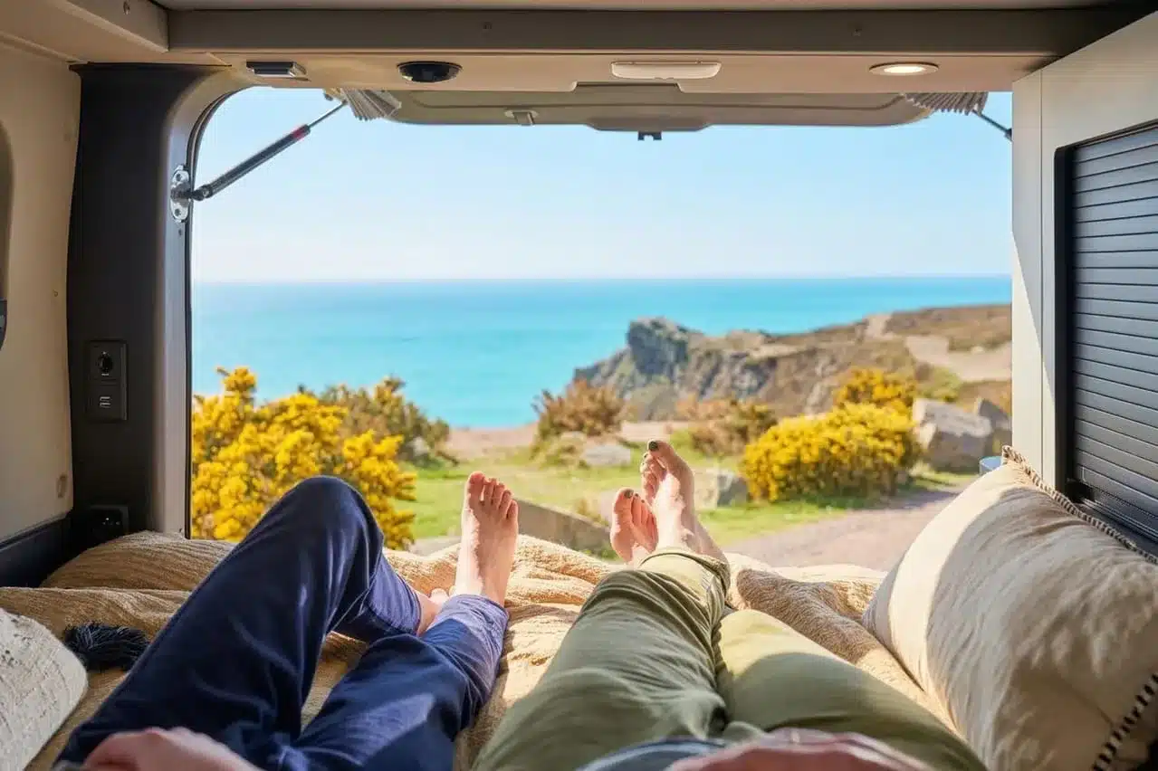 Zwei Personen liegen im Flex 5 Confort Campervan, blicken aus dem Heckfenster auf eine Küstenlandschaft mit Meer