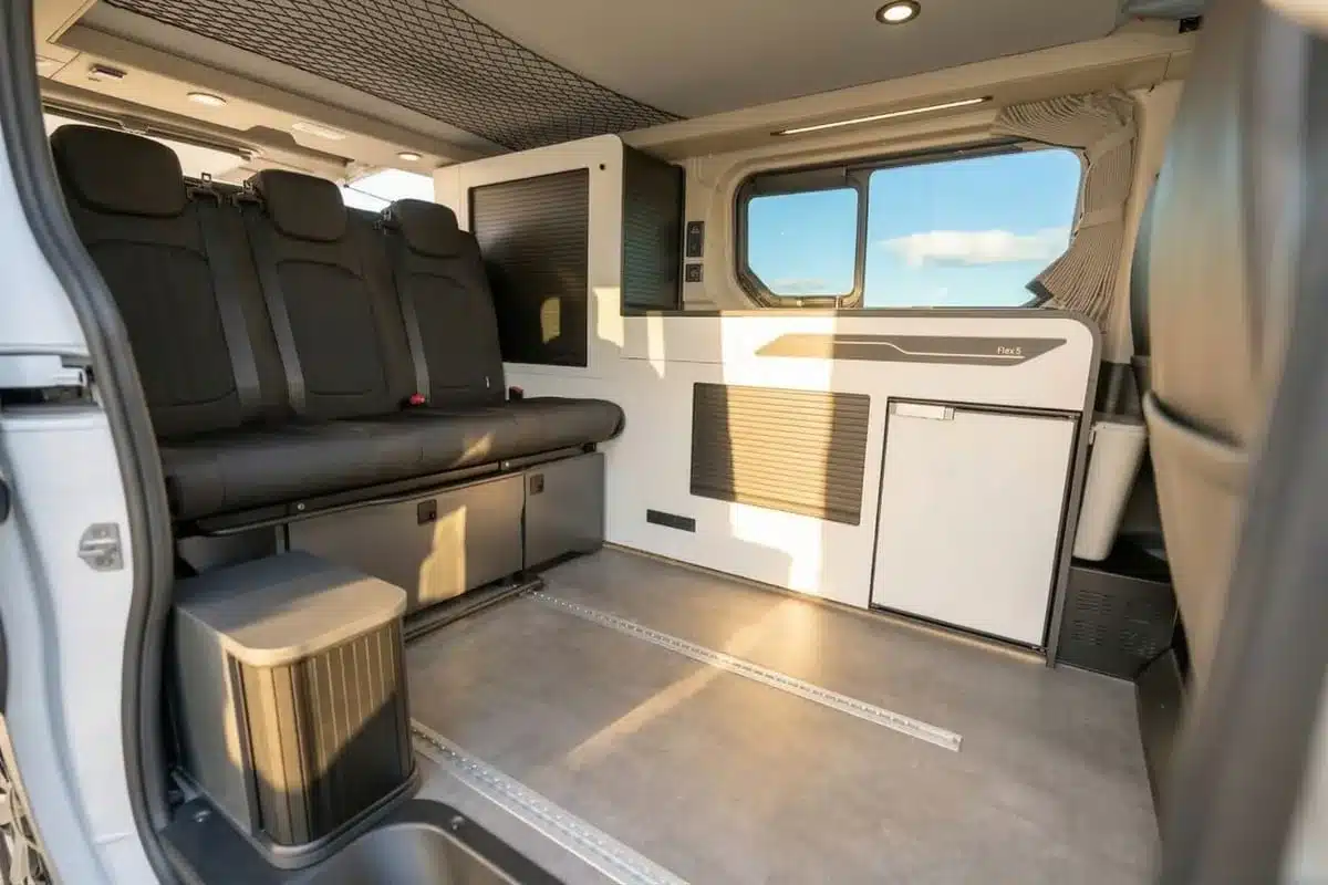 Innenansicht des Campervans Antilope VAN Flex 5 mit dreisitziger Rückbank und Einbauküche