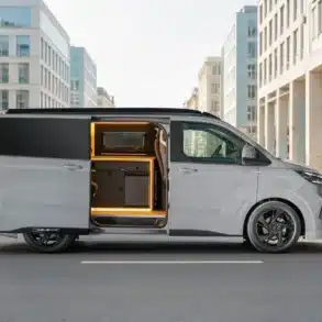 Grauer Ford Custom Flex von Wavecamper mit geöffneter Schiebetür und integrierter Campingküche in einer Stadtstraße