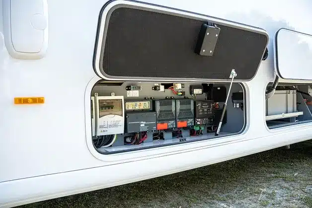 Geöffnetes Technikfach an der Außenseite eines integrierten Luxuswohnmobils