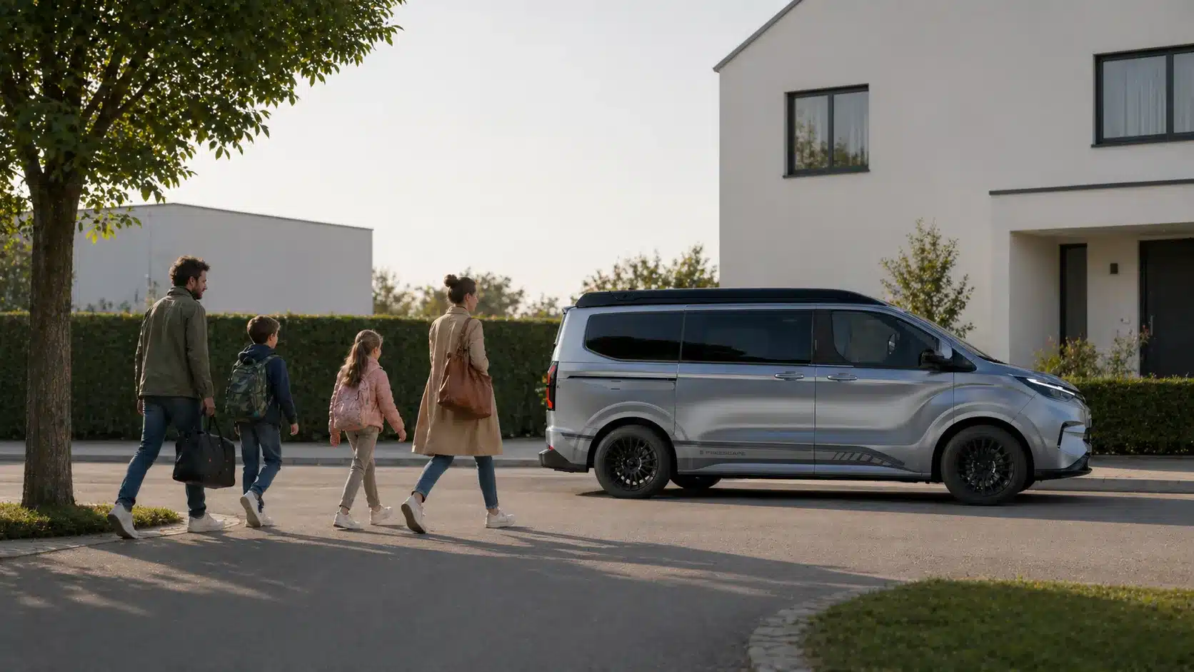 Familie läuft zu Freescape Street Line Campervan in Wohngebiet