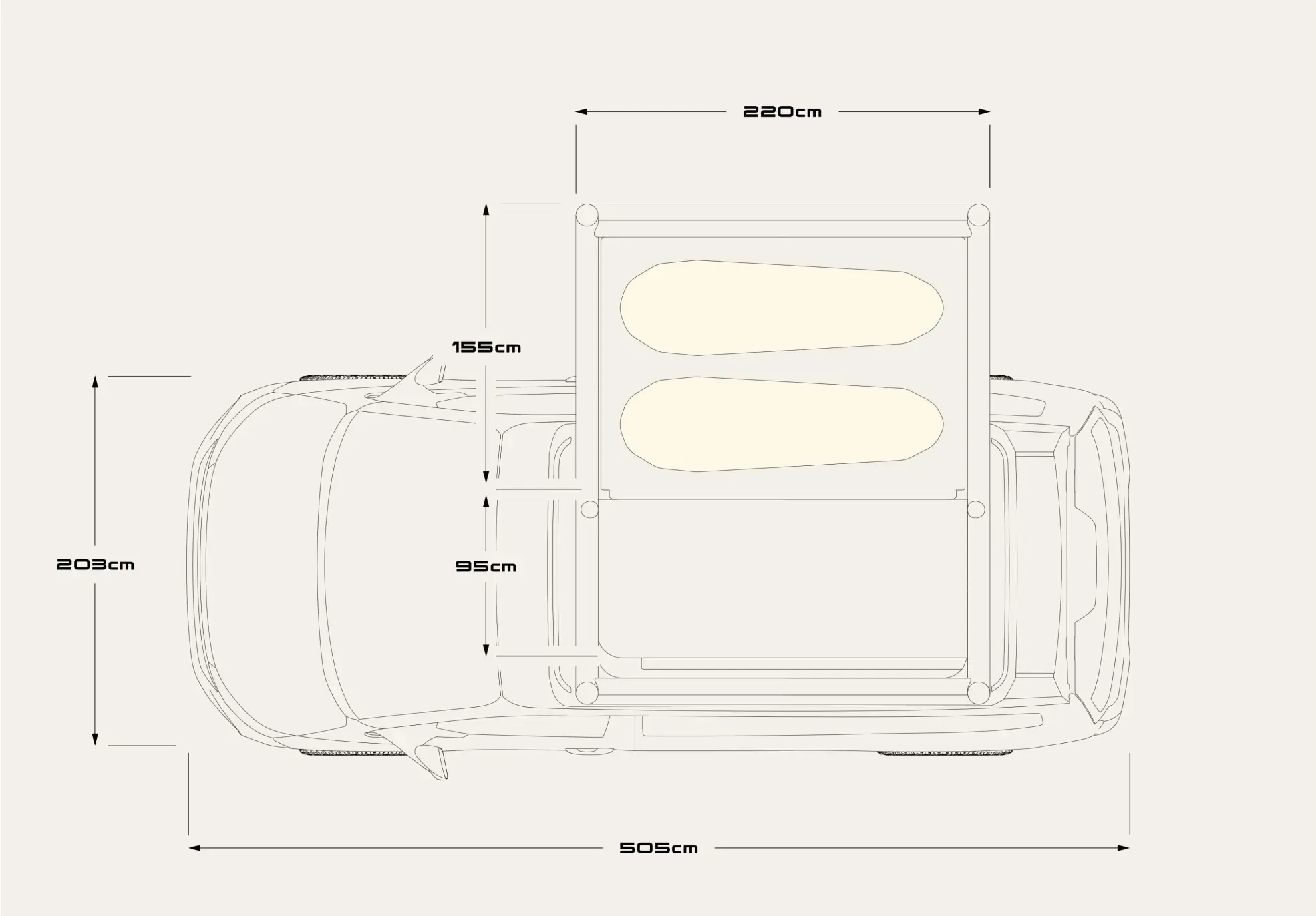 Skizze des Freescape Street Line Campervan mit technischen Maßen und Aufteilung des Dachzelts von oben