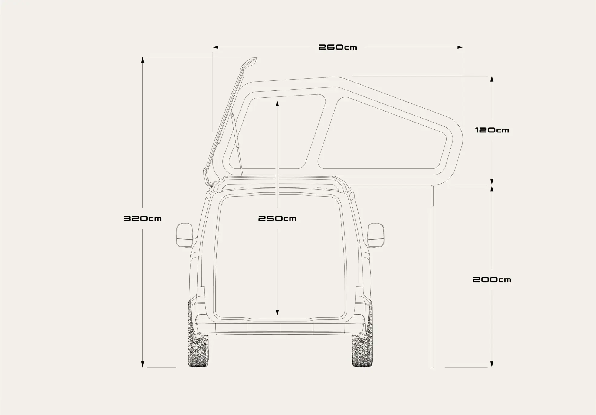 Maßzeichnung des Freescape Street Line Campervans mit geöffnetem Dachzelt und Detailangaben zu Höhen und Breiten