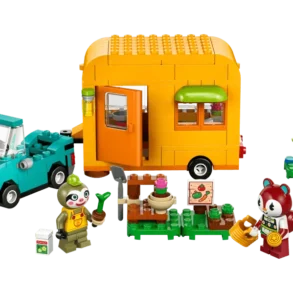 LEGO Animal Crossing Set 77054 mit orangefarbenem Wohnwagen, türkisfarbenem Auto, Pflanzenstand und den Figuren Gerd und Trita