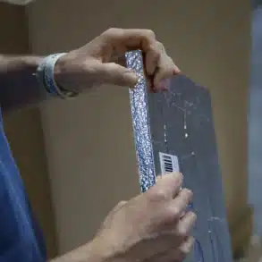 Mitarbeiter hält ein metallisch beschichtetes Vakuumisolationspaneel für eine Qool-Kühlbox