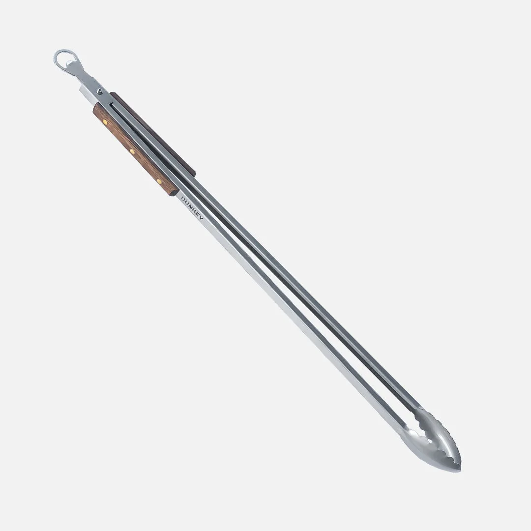 Donkey Tong Grillzange aus Edelstahl und Eichenholz, 69 cm Länge, mit integriertem Flaschenöffner