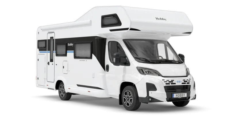 Weißes Hobby ONTOUR A 720 GFM Alkoven-Wohnmobil in Seitenansicht