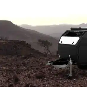 Ein i-p2 Off Road Caravan steht in einer felsigen, halbwüstenähnlichen Landschaft bei Sonnenuntergang