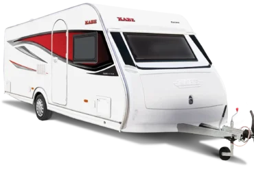 Weißer KABE Estate 470 XL KS Wohnwagen in schräger Außenansicht