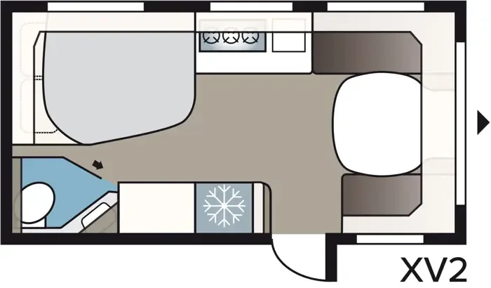 Grundriss des KABE Estate 470 XL im Layout XV2 mit Doppelbett, Bad, Küche und Sitzgruppe