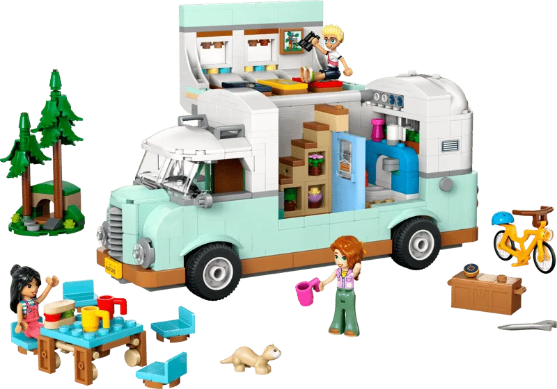 LEGO Friends Wohnmobil 42663 mit drei Spielfiguren, Fahrrad, Picknicktisch und Frettchen