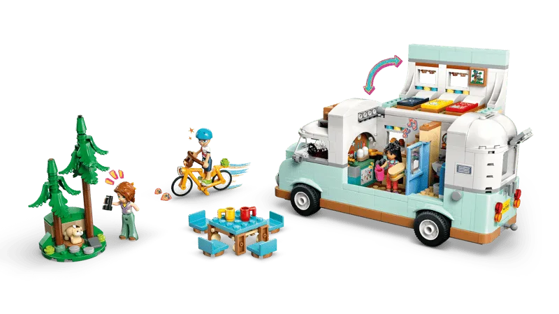 LEGO Friends Wohnmobil 42663 mit drei Spielfiguren, Fahrrad, Picknicktisch, Campingzubehör und Frettchen