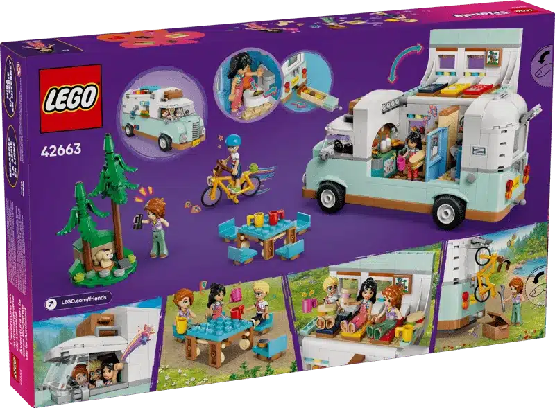 Verpackung des LEGO Friends Wohnmobils 42663 mit Camper, drei Spielfiguren, Frettchen und Campingzubehör