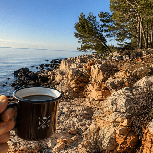 Hand hält eine Tasse Kaffee vor einer felsigen Küste und dem ruhigen Meer.