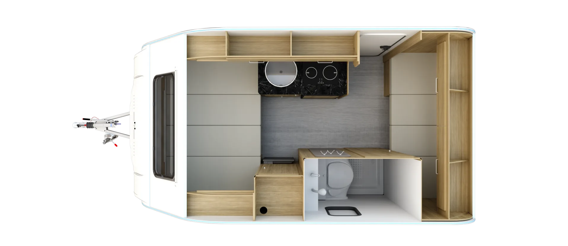 Grundriss des Niewiadow N-Cross 3 Style mit Küche, Sitzbereich, Stauraum und integrierter Nasszelle.