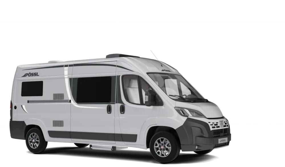 Weiß-grauer Pössl 2WIN Campervan in seitlicher Frontansicht
