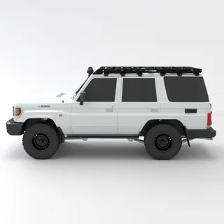 Weißer Toyota Land Cruiser 70/76 mit schwarzer Predator Offroad Dachplattform auf dem Fahrzeugdach
