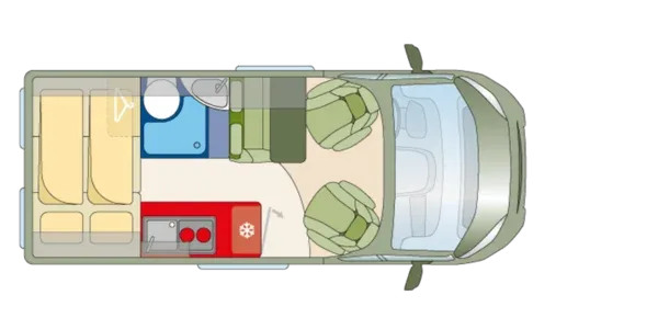 Grundriss des ROADCAR R540 mit Schlafplätzen, Sitzgruppe, Küche und Bad