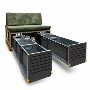 S KISTL Bench lite Campingbox mit Sitzpolster und ausgezogenen Stauraum-Boxen für den Van-Innenraum