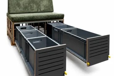 S KISTL Bench lite Campingbox mit Sitzpolster und ausgezogenen Stauraum-Boxen für den Van-Innenraum
