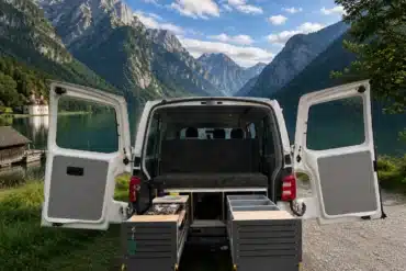 S KISTL Bench Campingbox mit Sitzbank und ausziehbaren Küchen- und Stauraummodulen im Van