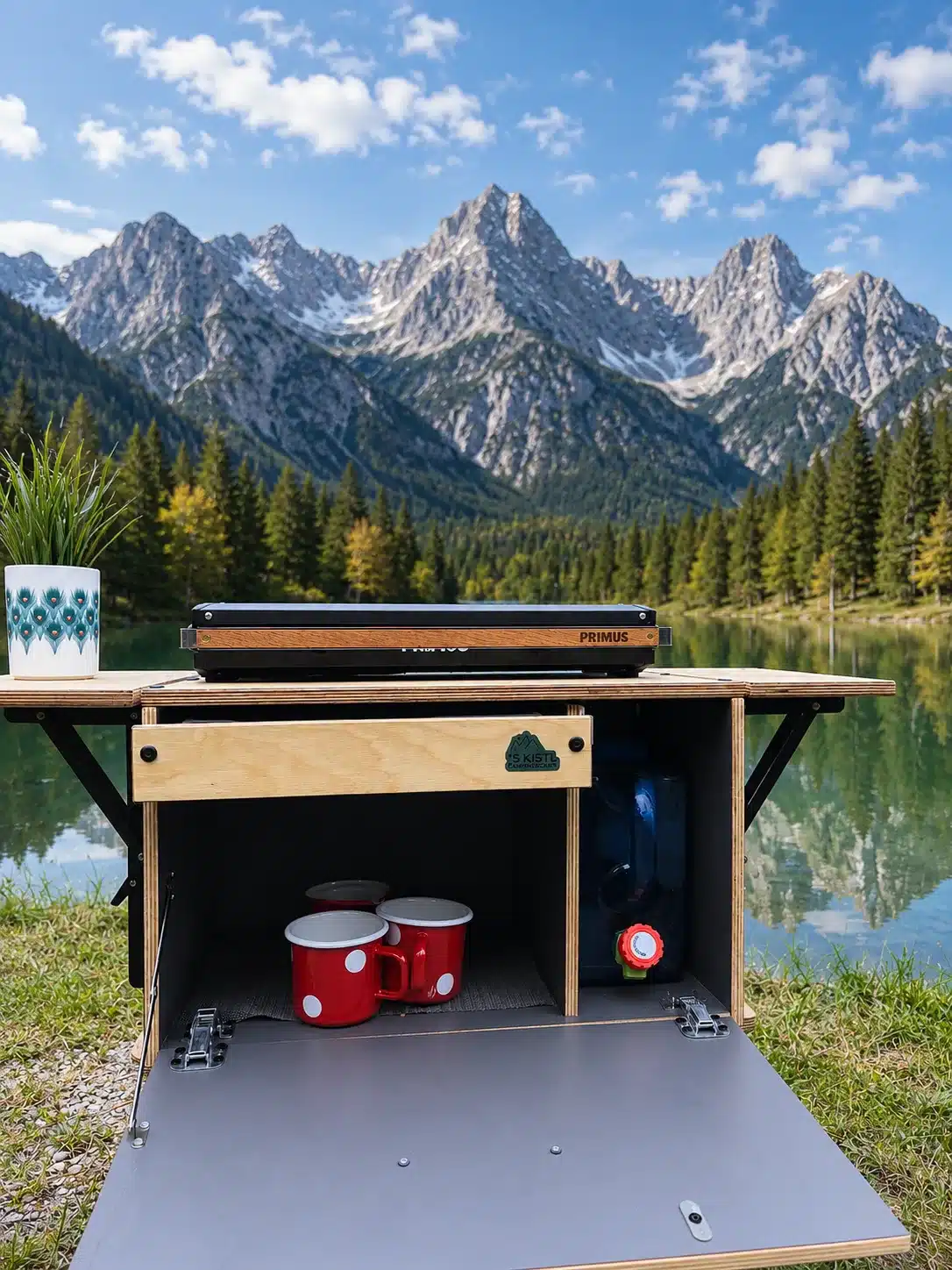 Die mobile Campingküche ’S KISTL Chef von ’S KISTL Campingboxen mit ausklappbaren Seitenablagen und integriertem Stauraum, aufgebaut vor Berglandschaft am See.