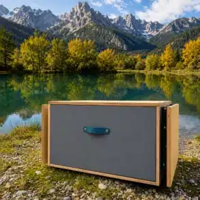 ‚S KISTL Chef Campingbox auf Kiesuntergrund mit Bergen und See im Hintergrund