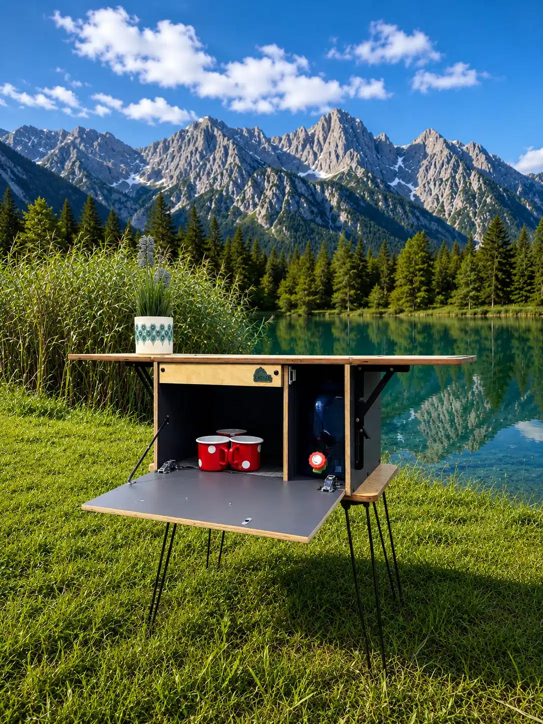 Mobile Campingküche ’S KISTL Chef mit Klappflächen in der Natur am See mit Bergen im Hintergrund