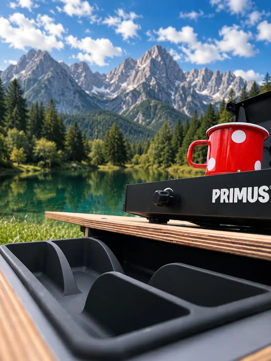 Die 'S KISTL Chef Campingküche mit geöffnetem Besteckfach und Kochfeld vor Bergkulisse am See