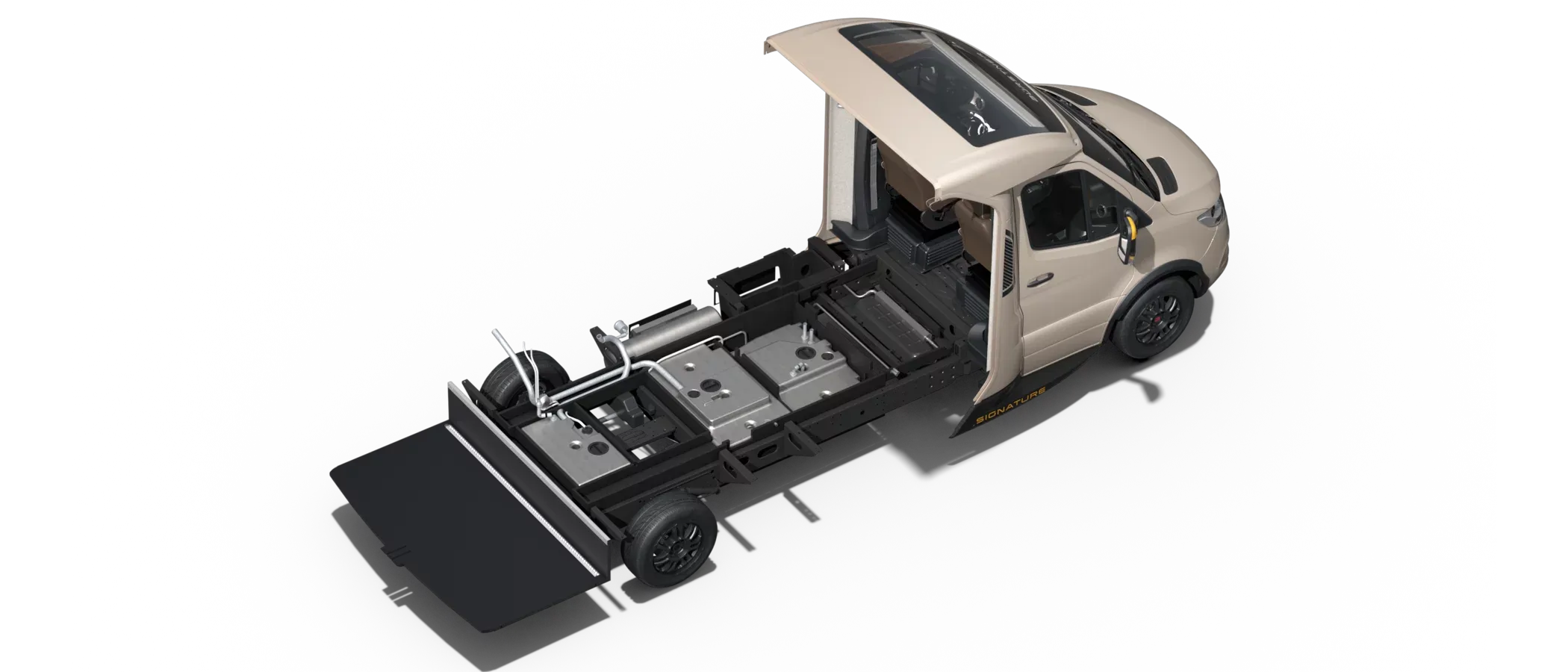 Chassis eines Mercedes-Benz als technische Basis für das Bürstner Signature Mercedes Reisemobil, ohne Aufbau.
