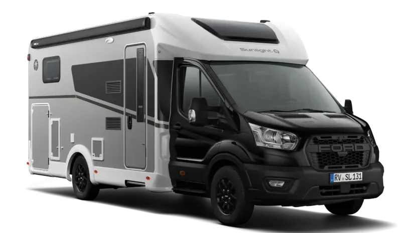 Seitenansicht eines Sunlight Teilintegrierten UNLTD Reisemobils mit schwarzem Chassis und grauer Karosserie