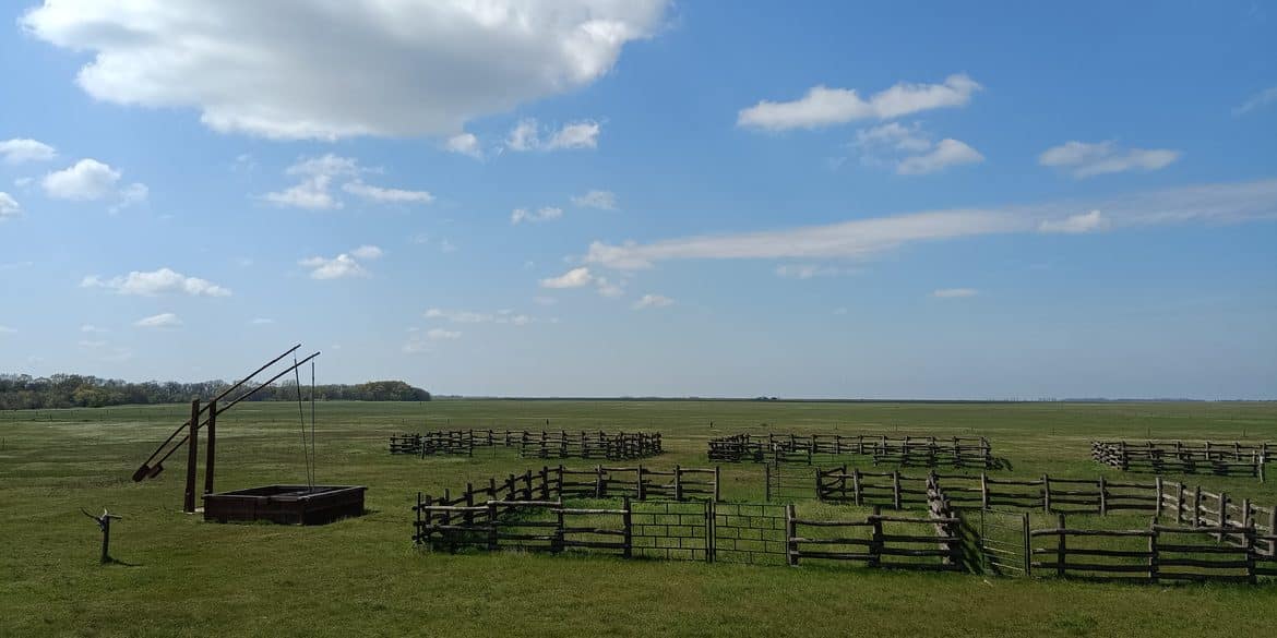 Weite Puszta in Ungarn mit traditionellem Ziehbrunnen und Holzzäunen