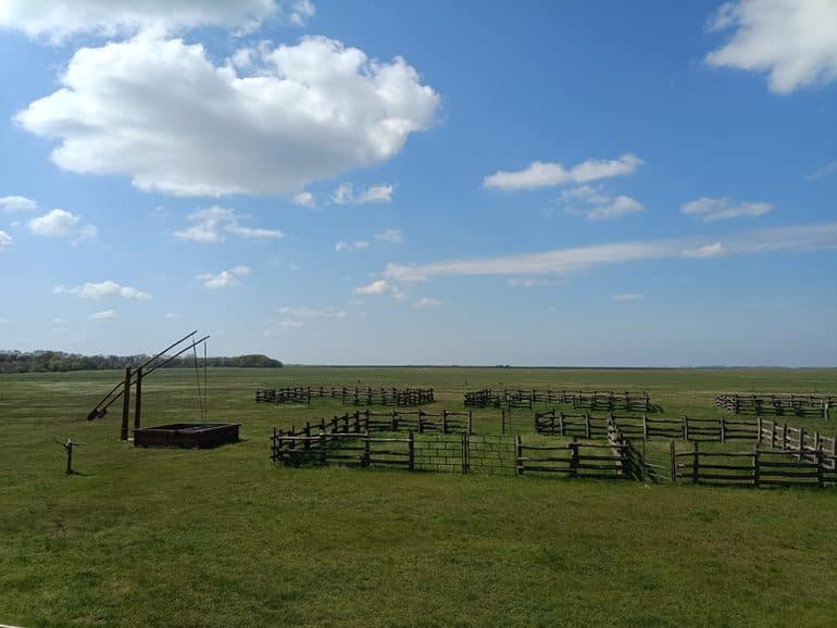 Weite Puszta in Ungarn mit traditionellem Ziehbrunnen und Holzzäunen
