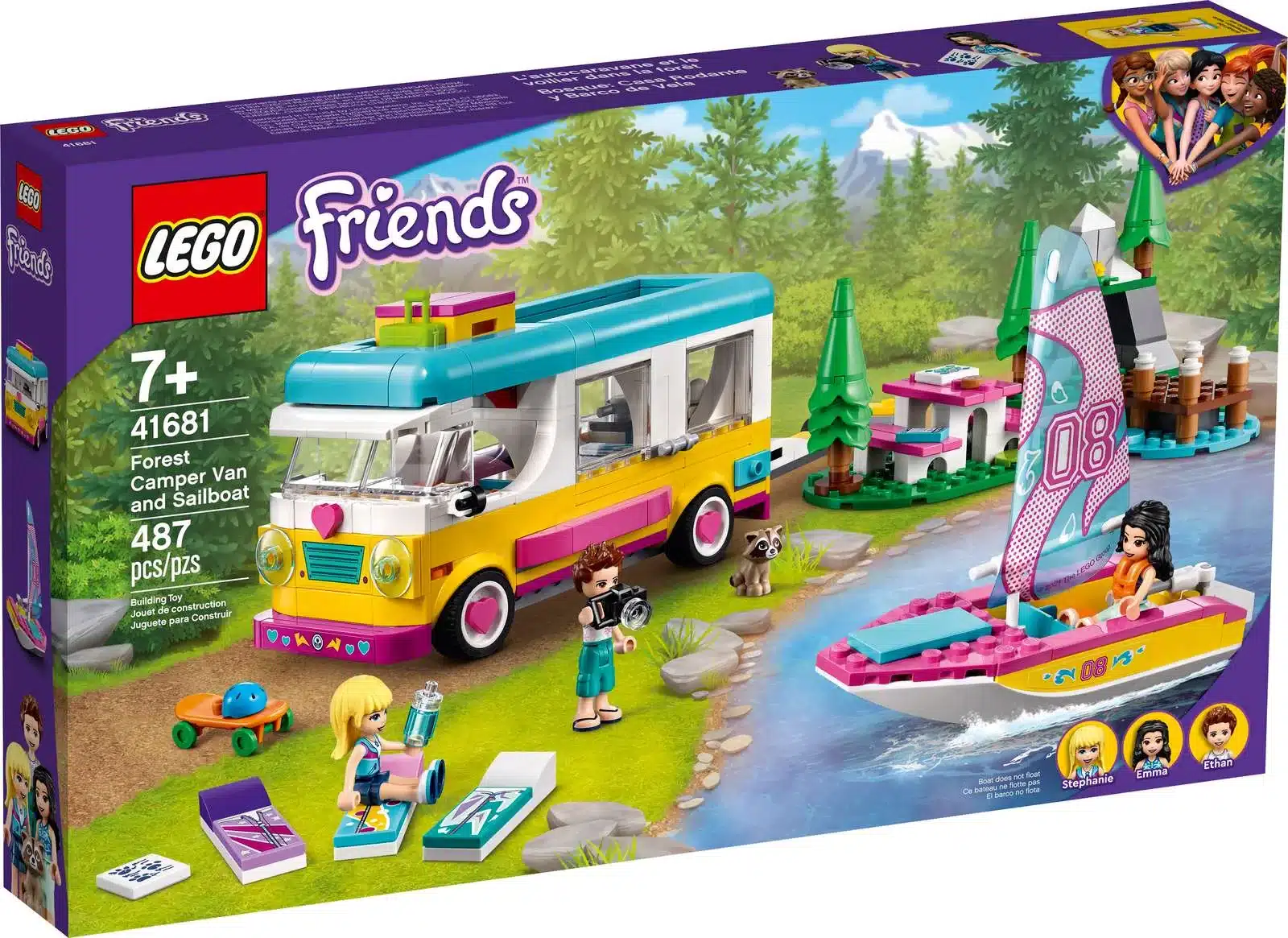 LEGO Friends Wohnmobil- und Segelbootausflug 41681 mit Wohnmobil, Segelboot und Figuren auf der Verpackung