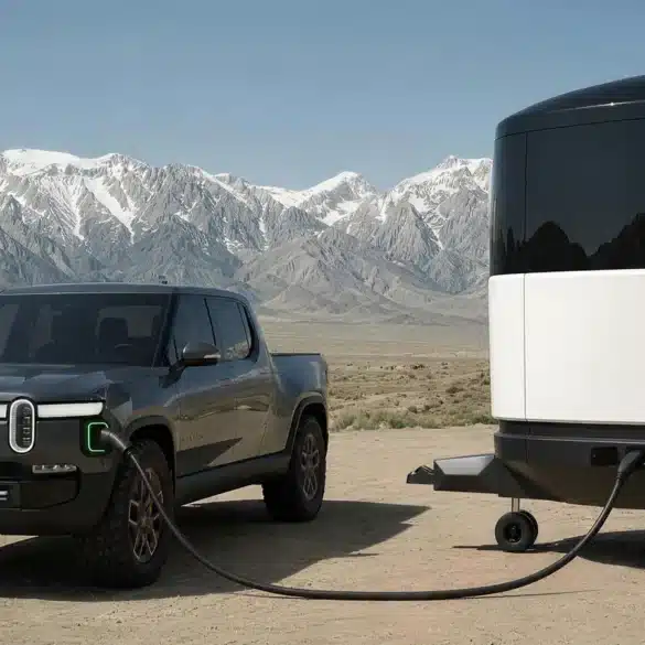 Aboard T4 Travel Trailer neben einem elektrischen Pickup in einer Berglandschaft