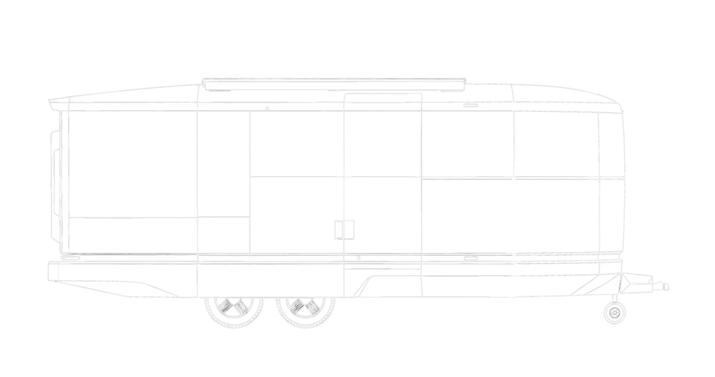 Technische Seitenansicht des hybrid-elektrischen Aboard T4 Travel Trailers