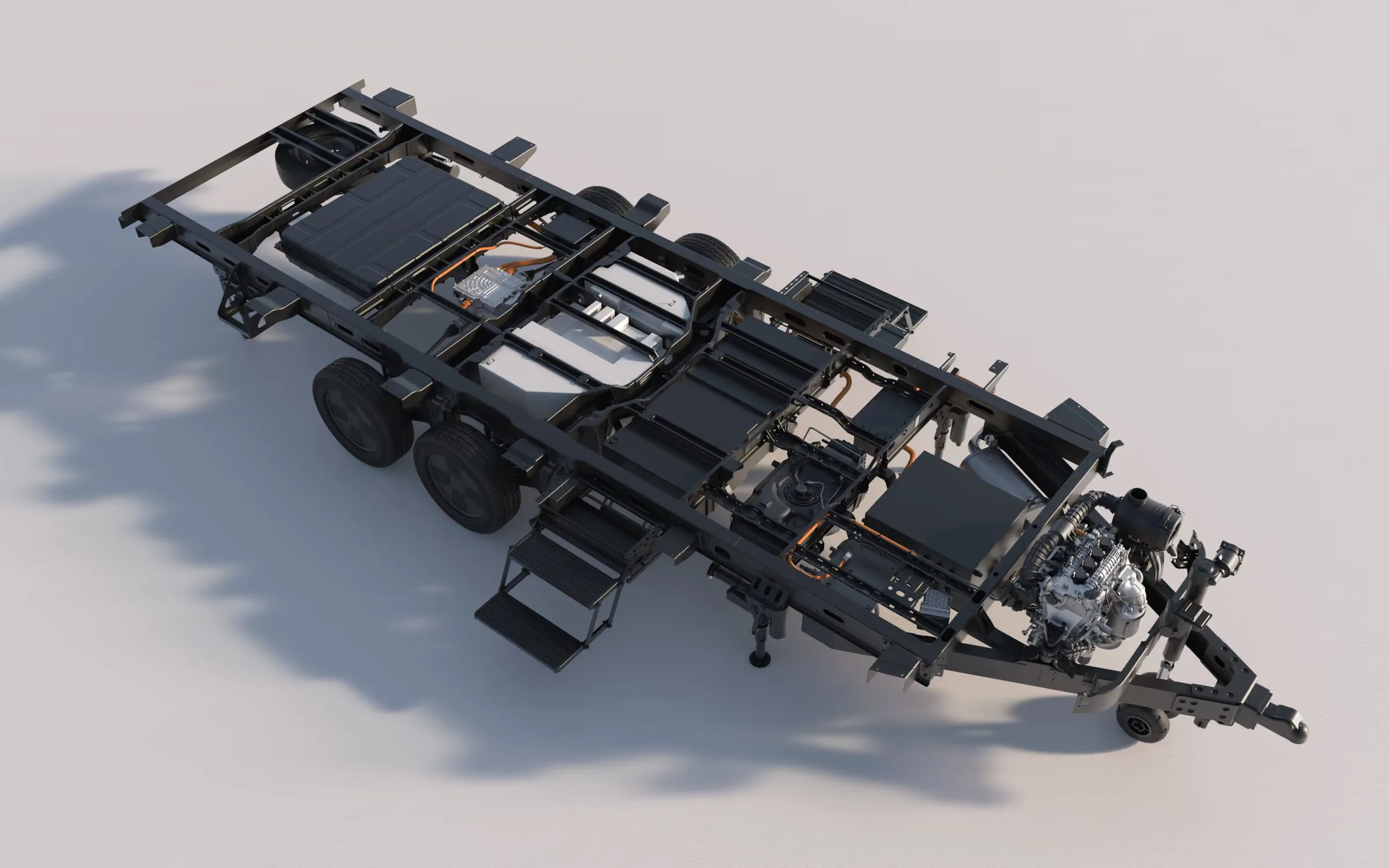 Offenes Chassis des hybrid-elektrischen Aboard T4 mit Batterie, Elektromotor und Range Extender