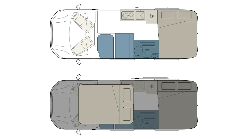 Grundrisszeichnungen des ADVENTURE 6XH Camper-Vans mit Innenraumaufteilung und Schlafplätzen