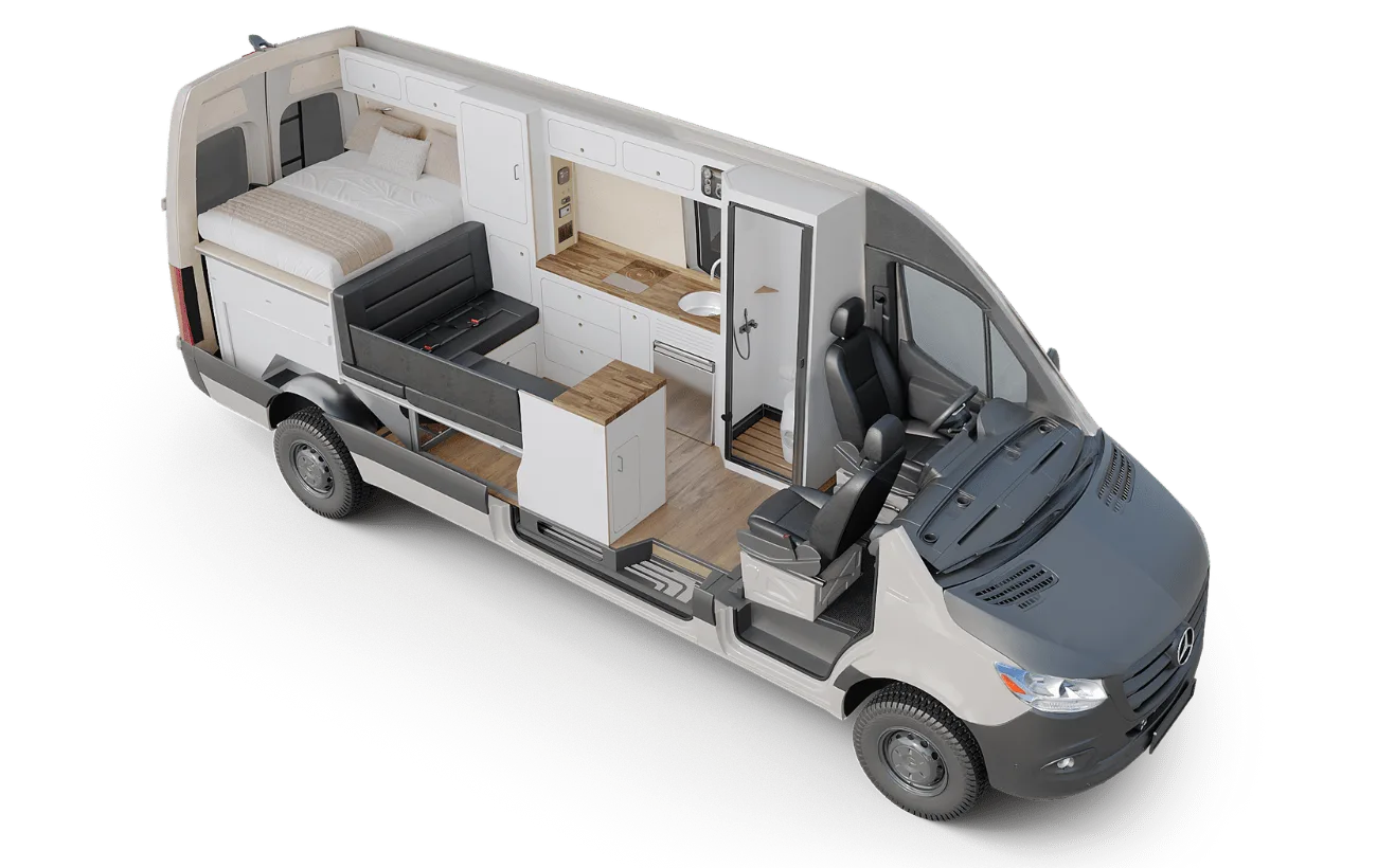 VanCraft Allterra Campervan mit Bett, Sitzgruppe, Küche und Fahrerbereich in einer Schnittdarstellung