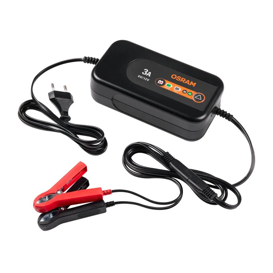 OSRAM 3A Batterieladegerät mit Netzstecker, Kabel und roten sowie schwarzen Krokodilklemmen