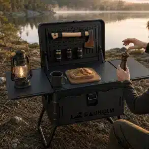 Geöffnete Rauholm Campküche 50 mit Seitentischen, Laterne, Tasse und Kochutensilien an einem See