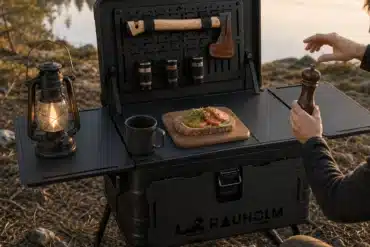 Geöffnete Rauholm Campküche 50 mit Seitentischen, Laterne, Tasse und Kochutensilien an einem See
