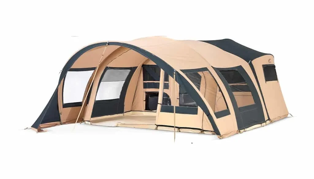 CHAMONIX XXL-Faltcaravan in Beige und Dunkelgrün mit großem Wohnbereich und mehreren Fenstern