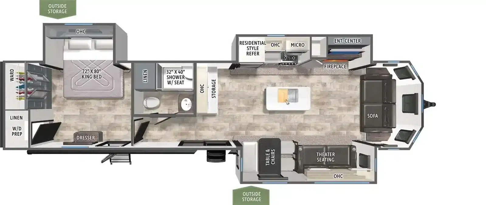 Grundriss eines Puma Vista Destination Trailers mit Kingsize-Bett, Küche, Bad, Sofa und Theater-Sitzgruppe