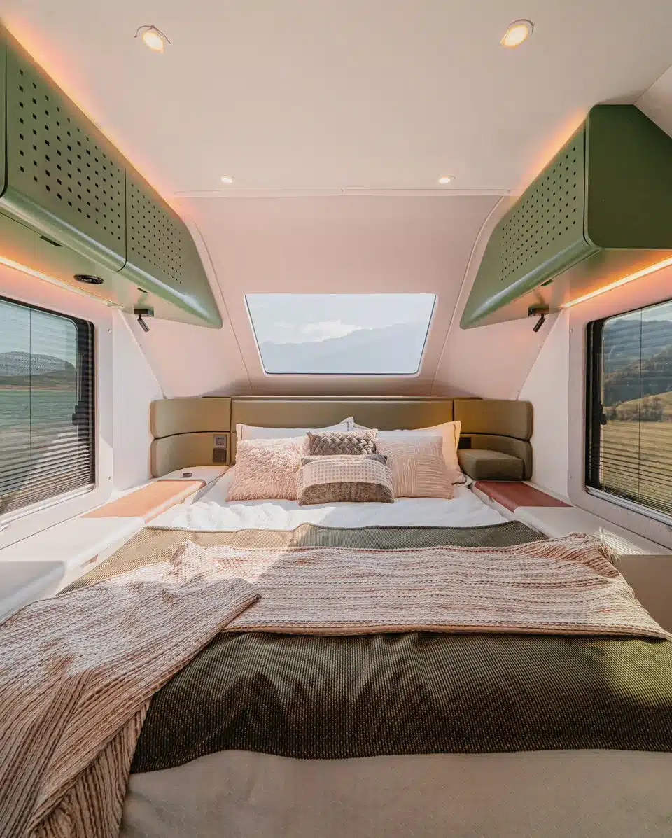Schlafbereich des Evotrex PG5 mit Doppelbett, Dachfenster, Seitenfenstern und Stauraumfächern