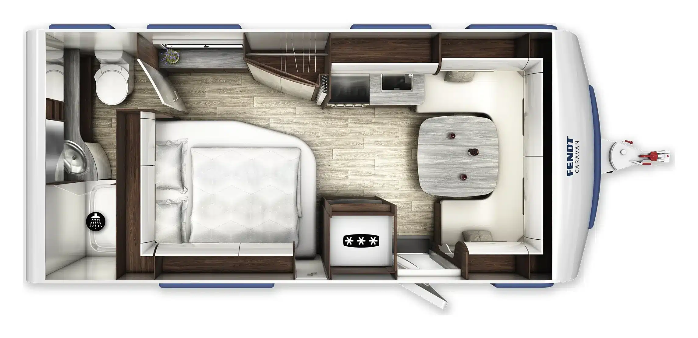 Grundriss des Fendt-Caravan DIAMANT mit Schlafbereich, Küche, Bad, Sitzgruppe und Stauraum