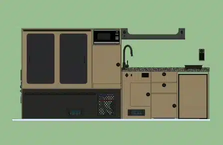 Technische Darstellung des Küchen- und Stauraumausbaus im Field Van SHYFT