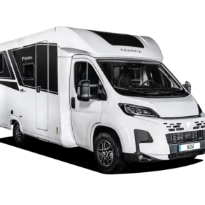 Weißes FRANKIA NOW 7.0 L Reisemobil in Seiten- und Frontansicht