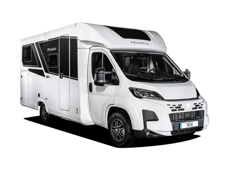 Weißes FRANKIA NOW 7.0 L Reisemobil in Seiten- und Frontansicht
